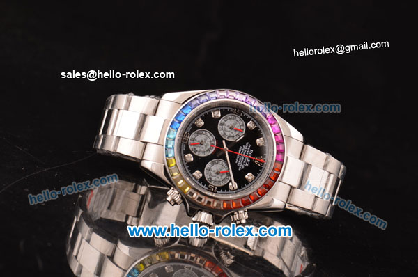 Rolex Daytona Chronograph Miyota OS20 Quartz Steel Case/Strap with Colorful Diamond Bezel and Black Dial - Click Image to Close